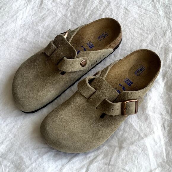 Birkenstock Shoes - Birkenstock Boston Soft Footbed Suede Leather Clogs Mules Sandals Taupe